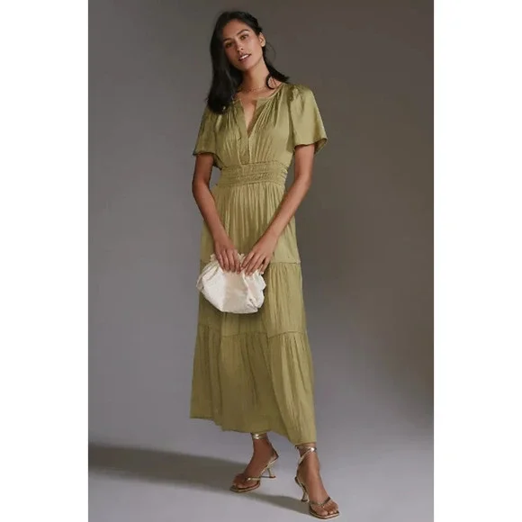 Anthropologie | Dresses | Anthropologie Somerset Satin Maxi Dress Womens 2x  Olive Green Tiered Boho Silky | Poshmark